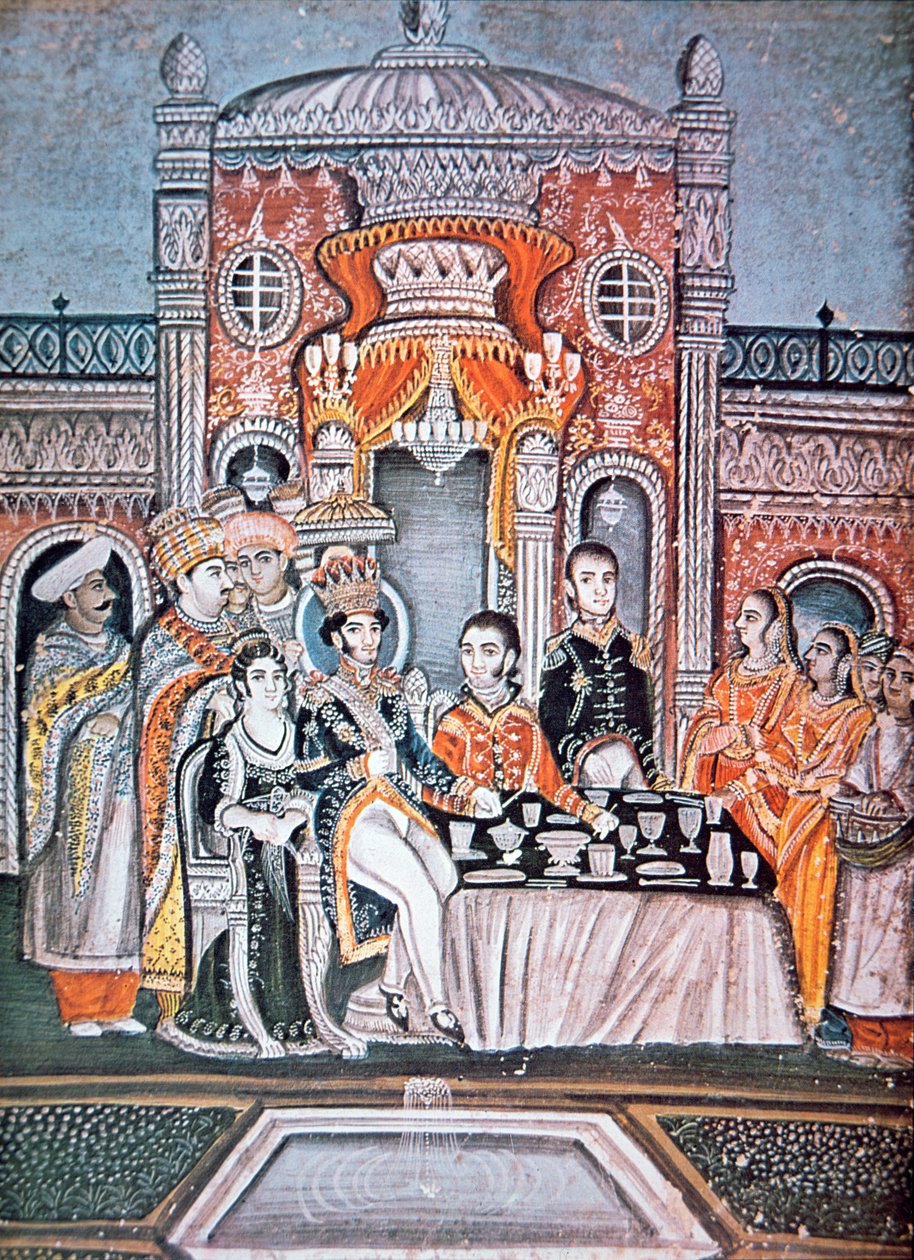 Bir Hintli Prens İngiliz Yetkilileri eğlendiriyor, c.1810 (kağıt üzerinde guaj) by Indian School