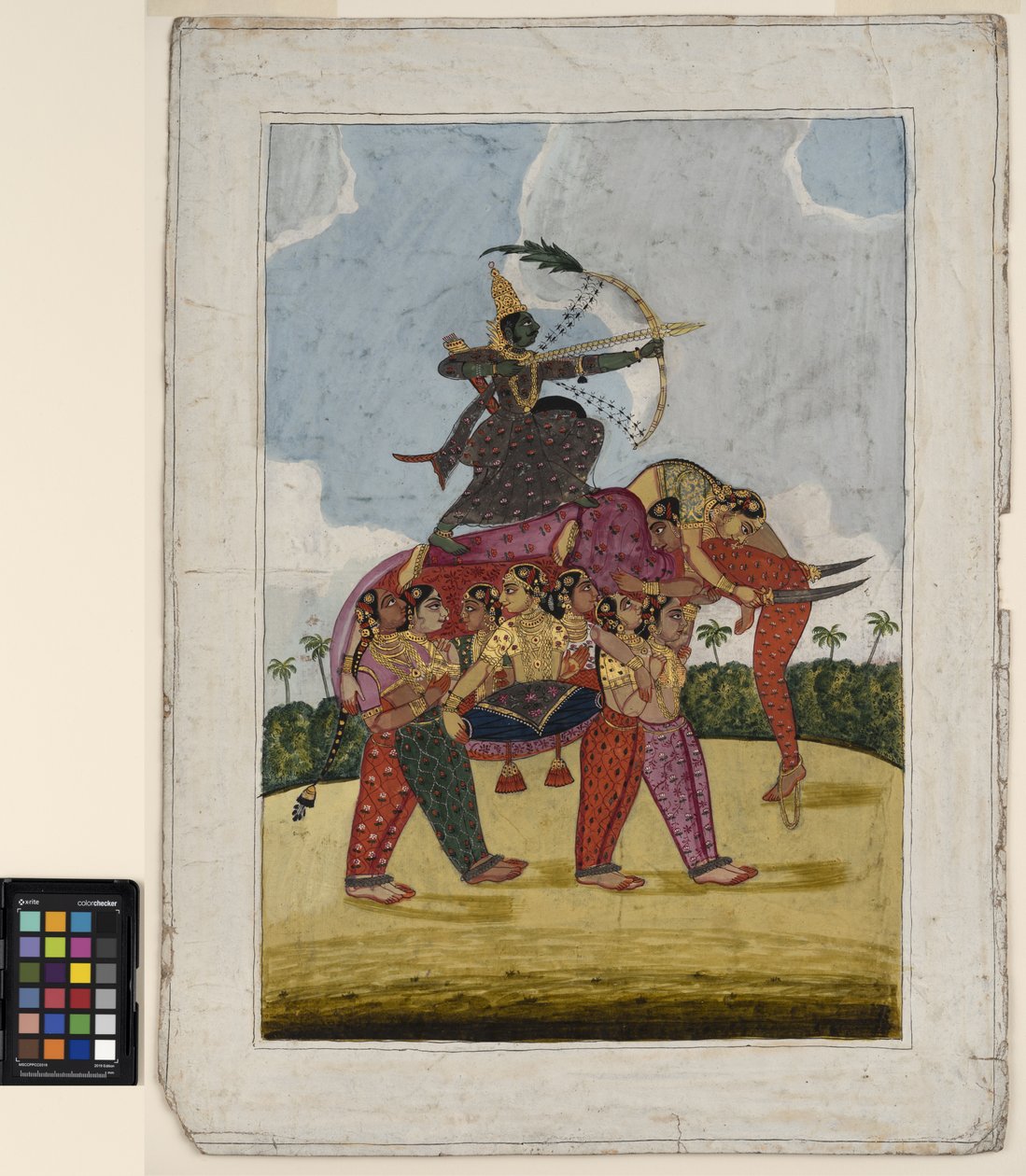 Dans eden kadınlardan oluşan bir fil, bir okçu için binek görevi görür, c.1825 (kağıt üzerinde opak suluboya ve altın rengi) by Indian School