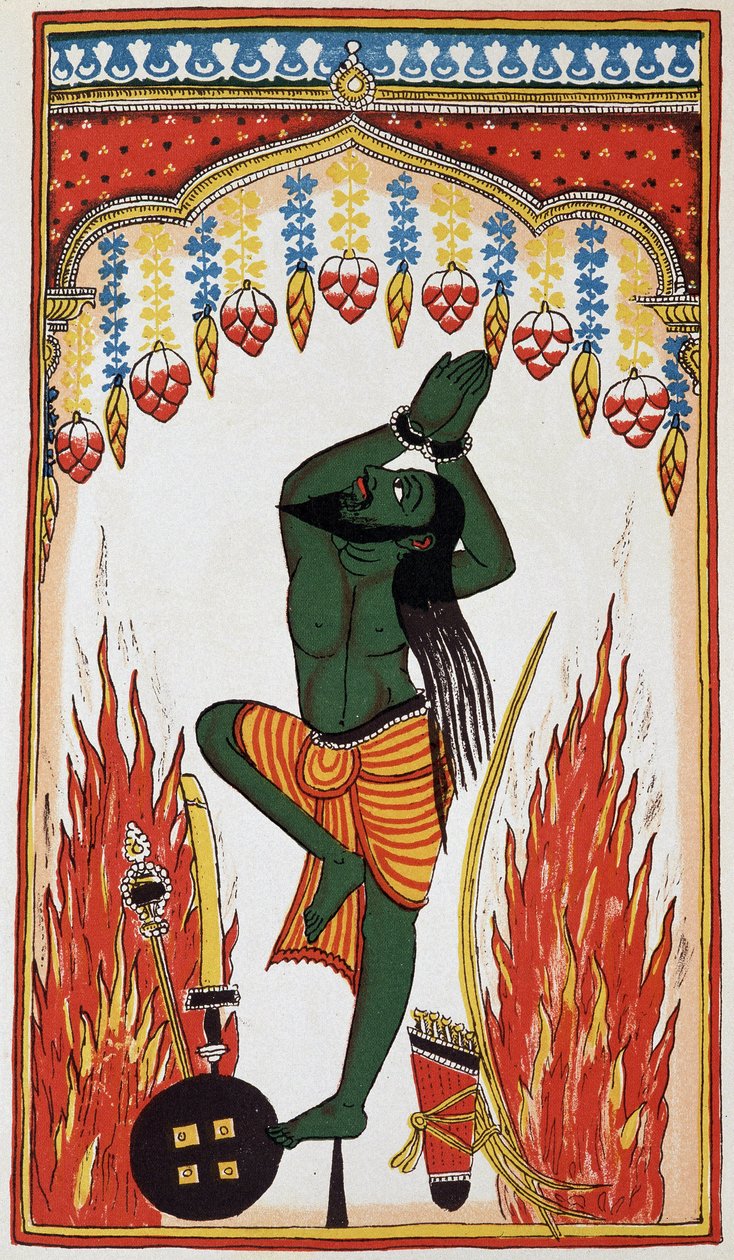 Aradjama, kendisini yenilmez kılacak silahları elde etmek için dua edip kefaretini ödeyerek, 18.yy. by Indian School