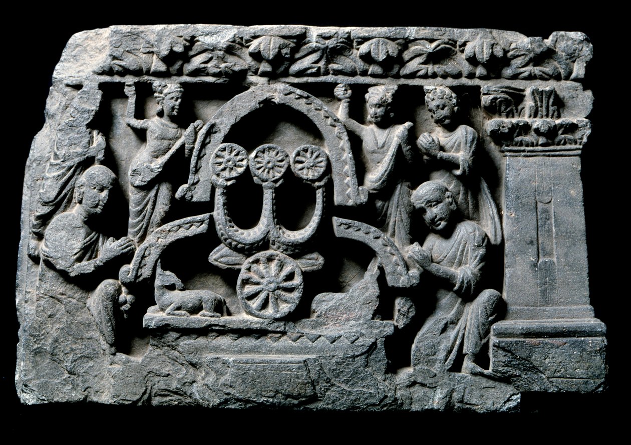 Gandhara Sanatı (veya Greko-Budizm): “” Buda duada”” mucize Sravasti (Shravasti veya Savatthi) (Dua Eden Buda, Sravasti mucizesi) Gandhara Okulu Rölyefi - 2. ila 4. yüzyıl - Hint Müzesi, Kalküta Hindistan by Indian School