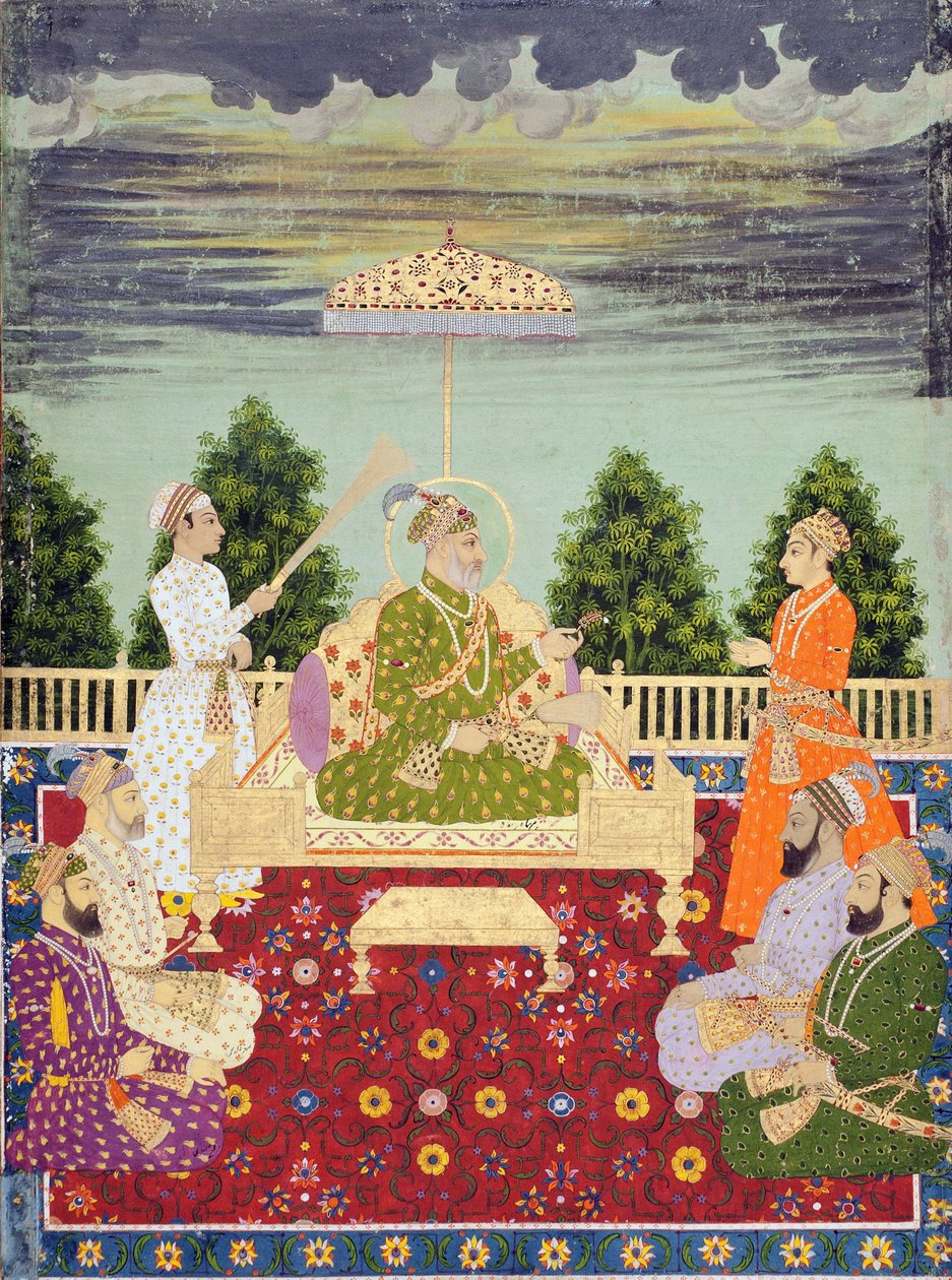 Bahadur Şah, dört oğlu ve bir torunu, c.1710 (kağıt üzerine suluboya ve altın rengi) by Indian School