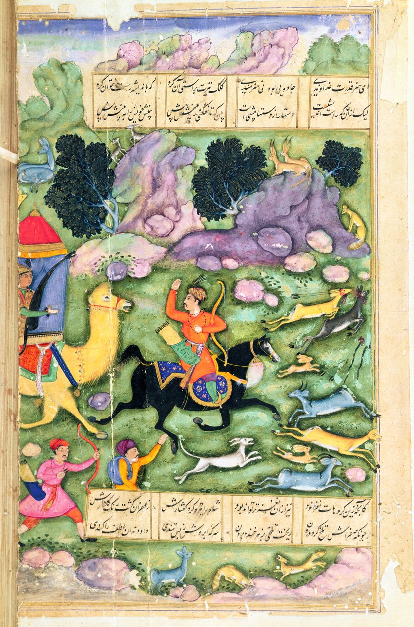 Bahram Gur Azad ile Avlanırken Cesaretini Gösteriyor, Amir Khusrau Dihlavi (1253-1325) tarafından Nizami, Babür