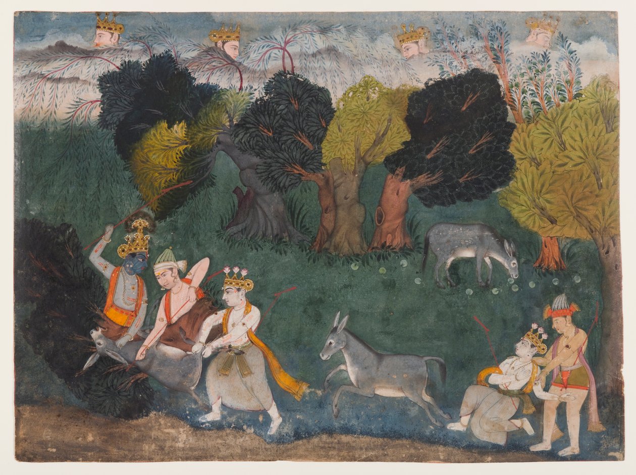 Balarama Ass Demon'u Öldürüyor, Dağıtılmış Bir Bhagavata Purana Serisinden Sayfa, c.1725 (kağıt üzerinde opak suluboya ve gümüş) by Indian School