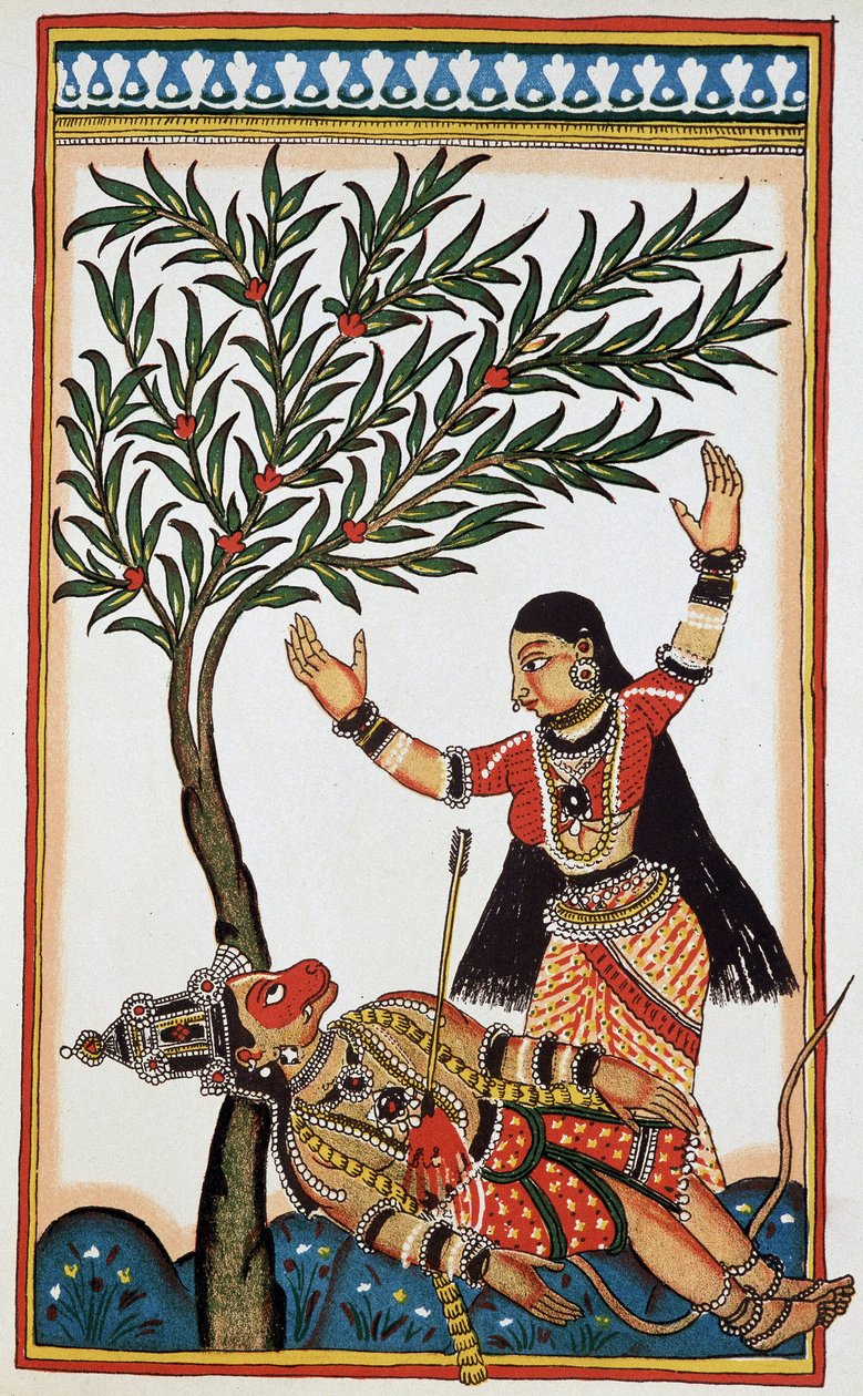 Bali bir okla öldürüldü, yanında karısı Tara, on sekizinci taş. by Indian School