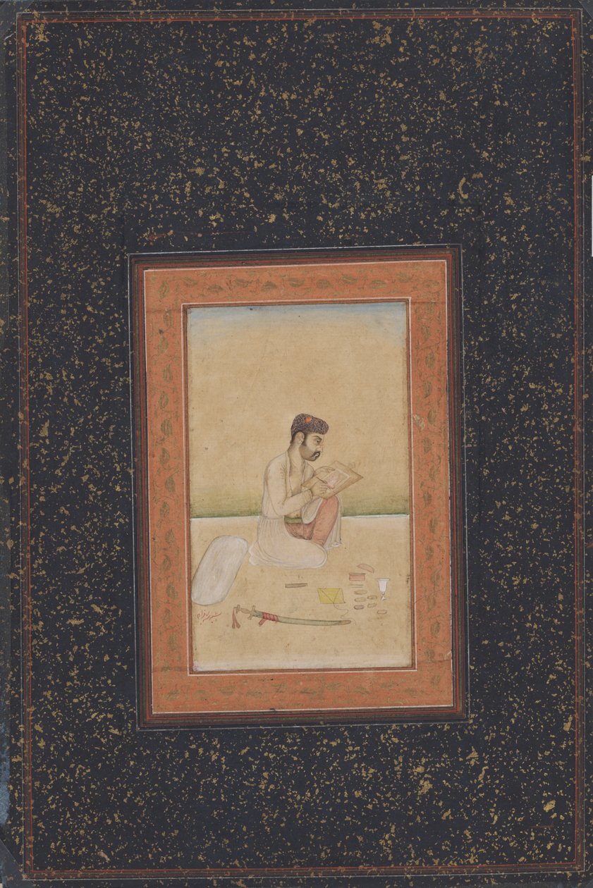 Gözlüklü ressam Behzad (kağıt üzerine mürekkep, renk ve altın) by Indian School