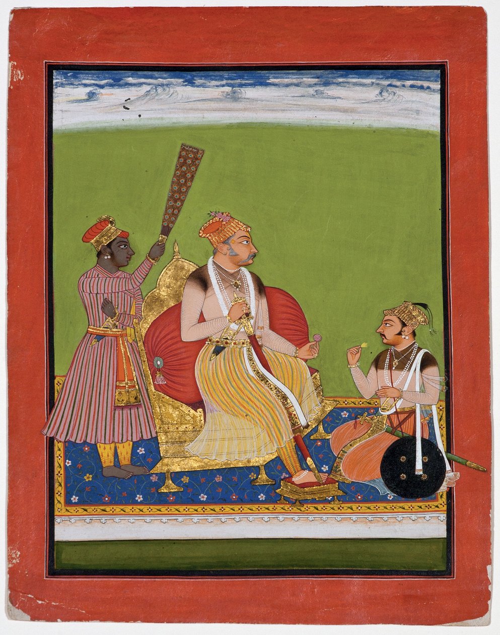 Bhao Singh, ayaklarının dibinde bir soylu ile tahta çıktı, c.1680 (kağıt üzerinde opak wc ve altın) by Indian School