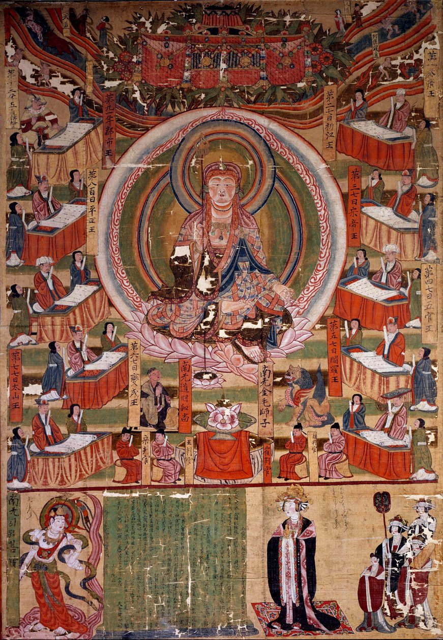 Budizm: “” Bodhisattva (veya Bodhisatta) Ti-tsang, Altı Koşulun Ustası ve Cehennemin On Kralı (Ksitigarbha)”” 983, Hindistan tablosu. karartmak 0,22x0,4 m. Paris, Guimet Müzesi, Ulusal Asya Sanatları Müzesi by Indian School