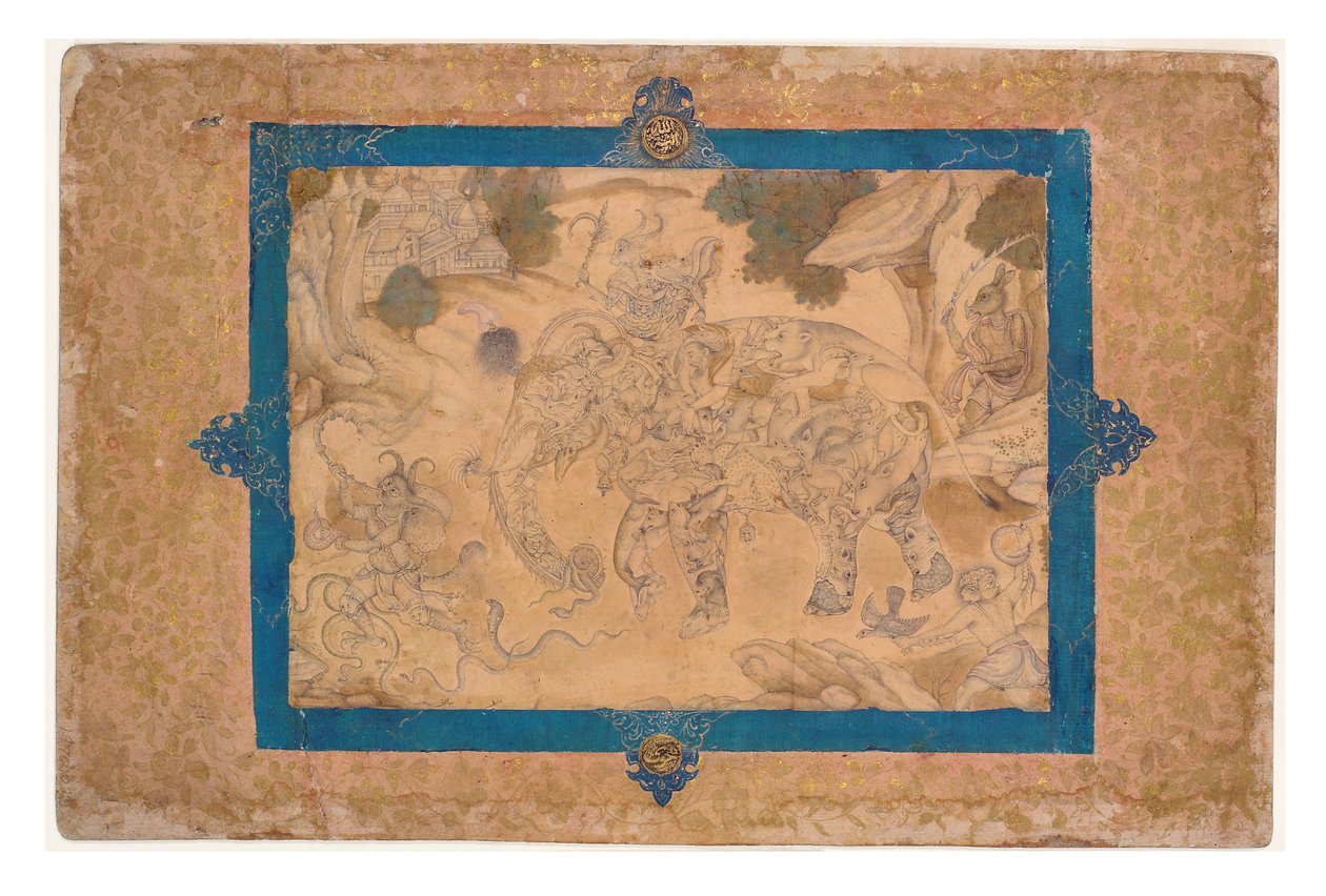 Kompozit Fil ve Diğer Canlılar, c.1600 (kağıt üzerinde opak wc ve altın) by Indian School