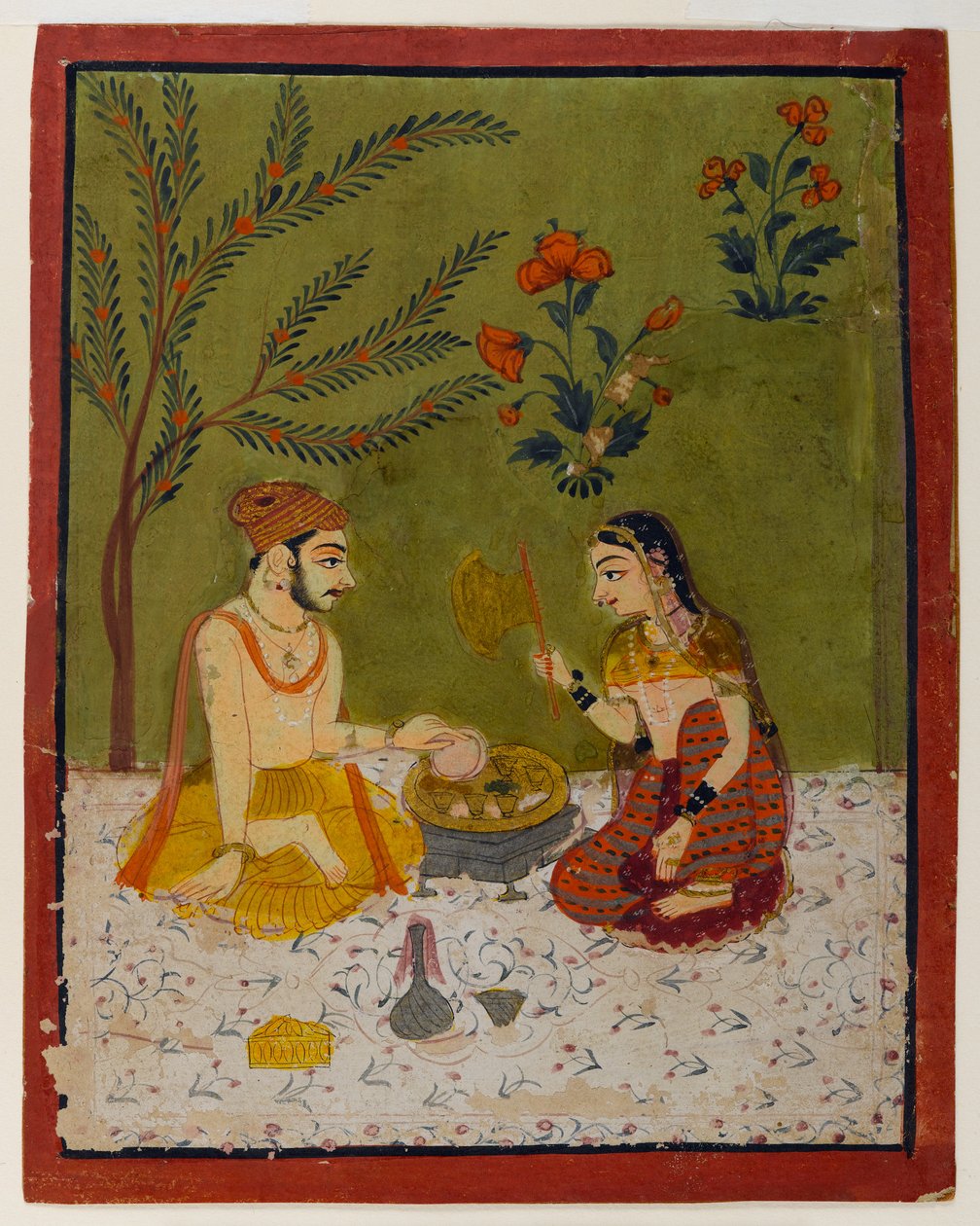 Bir ağacın altında oturan çift, c.1700 (kağıt üzerinde wc ve altın) by Indian School