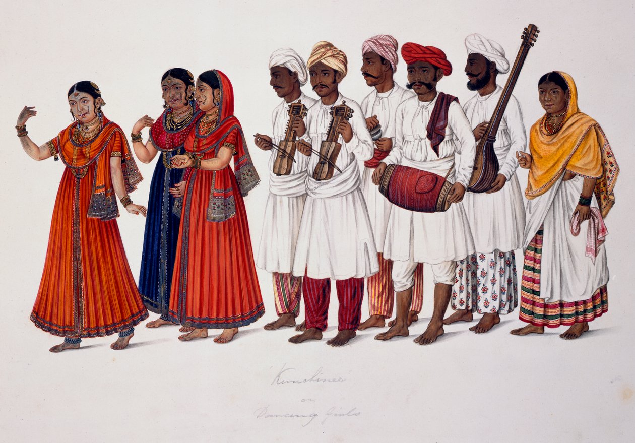Dans eden kızlar ve müzisyenler, c.1828 (renkli taş) by Indian School
