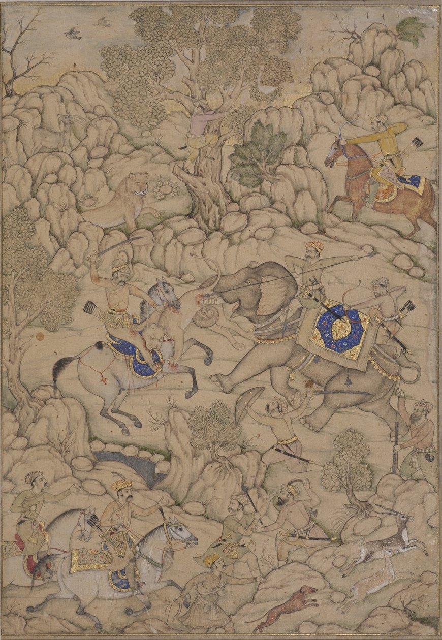 Aslan Avında Tehlike, c.1600 (kağıt üzerinde opak wc) by Indian School