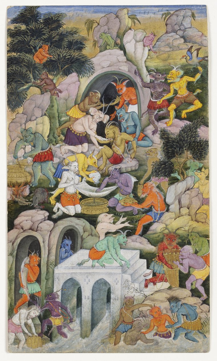 Vahşi Manzarada Şeytanlar, c.1600 (kağıt üzerinde opak wc ve altın) by Indian School