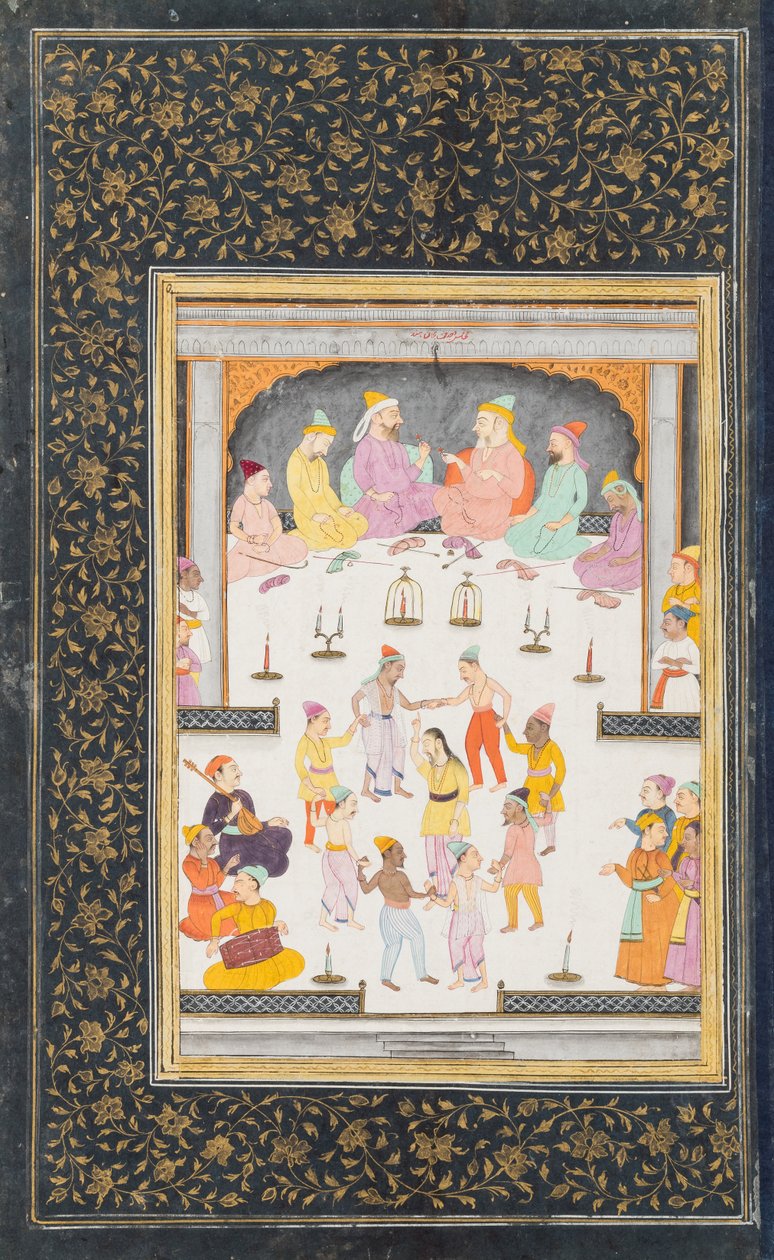 Bir grup Müslüman ilahiyatçının önünde dans eden dervişler by Indian School