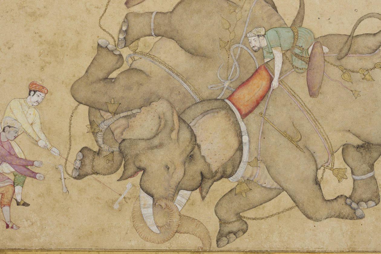 Bir fil savaşından detay, bordür çiçekli arabesk, c.1610 (kağıt üzerinde opak wc ve altın rengi) by Indian School