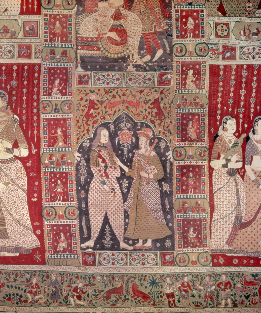 Avrupa figürleriyle süslenmiş bir duvar asma detayı (boyalı pamuk) by Indian School