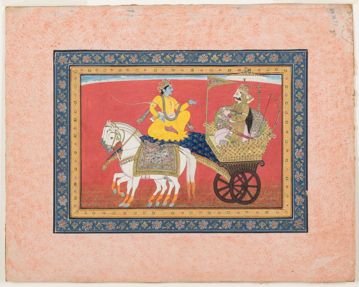 Kurukshetra savaş alanında Krishna ve Arjuna arasındaki diyalog, c.1820 (kağıt üzerinde opak suluboya ve altın rengi) by Indian School