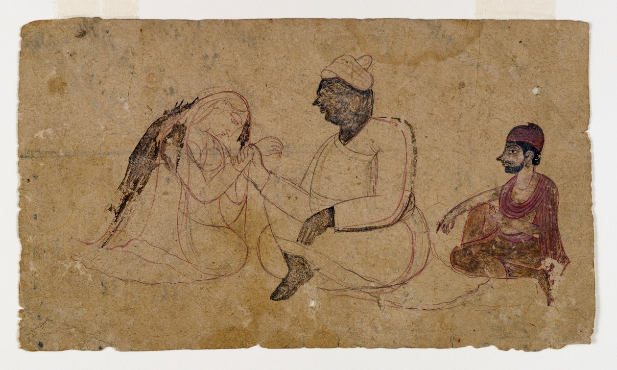Üç Oturan Figür Çizimi, c.1750 (kağıt üzerine mürekkep ve renkli) by Indian School