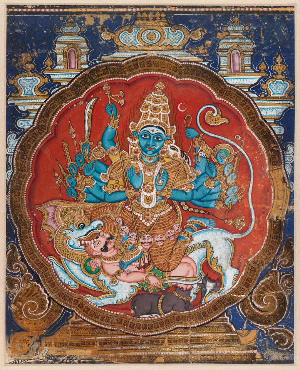 Durga Buffalo Demon'u Öldürmek (uygulanmış altın ve lake şeritlerle süslenmiş opak sulu boya) by Indian School