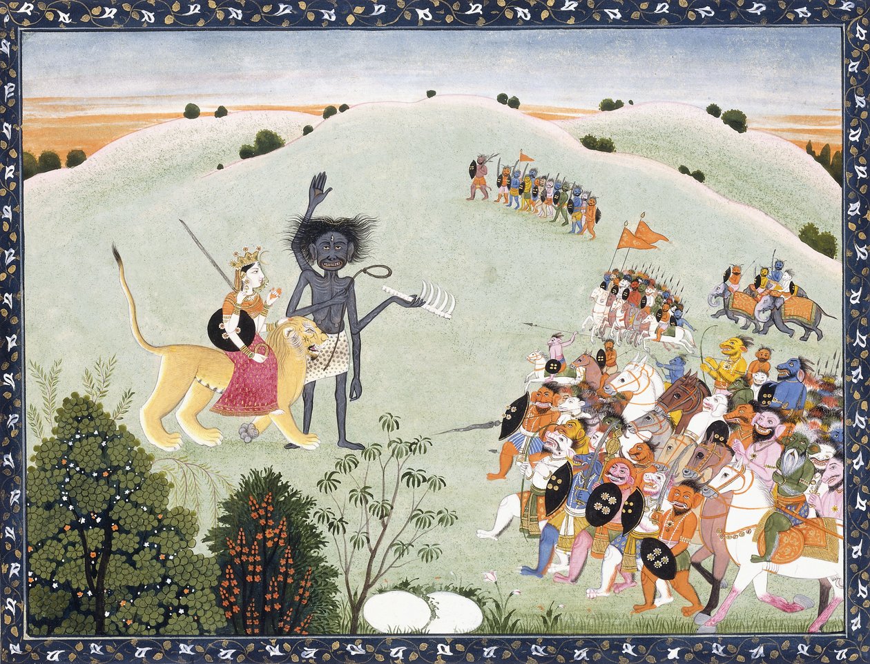 Durga ve Kali İlerleyen İblis Ordusunun Önünde Duruyor, c.1800-1820 by Indian School