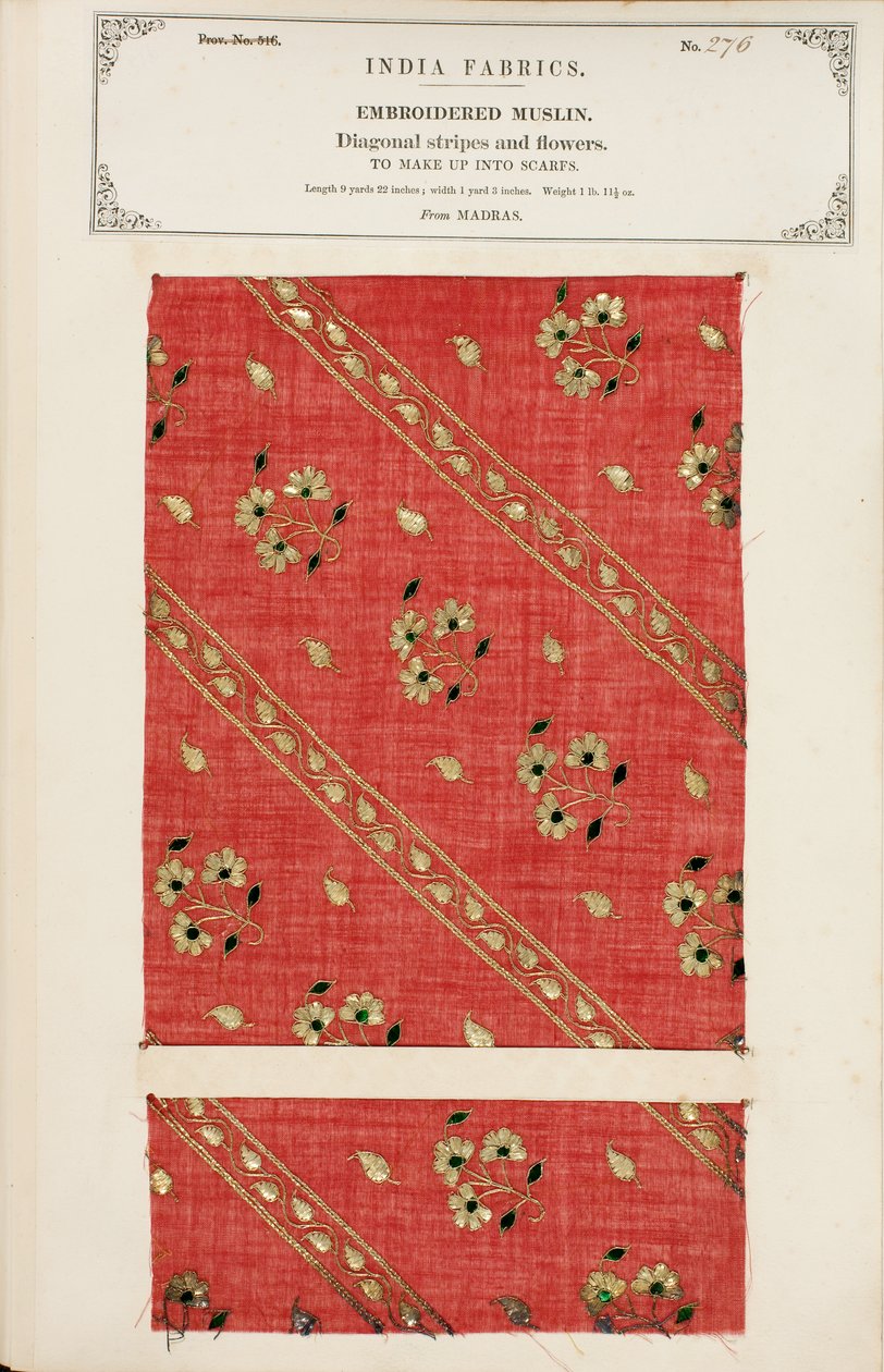 John Forbes Watson tarafından 1866'da yayınlanan The Collection of the Textile Manufacturers of India'dan Madras'tan işlemeli muslin örneği by Indian School