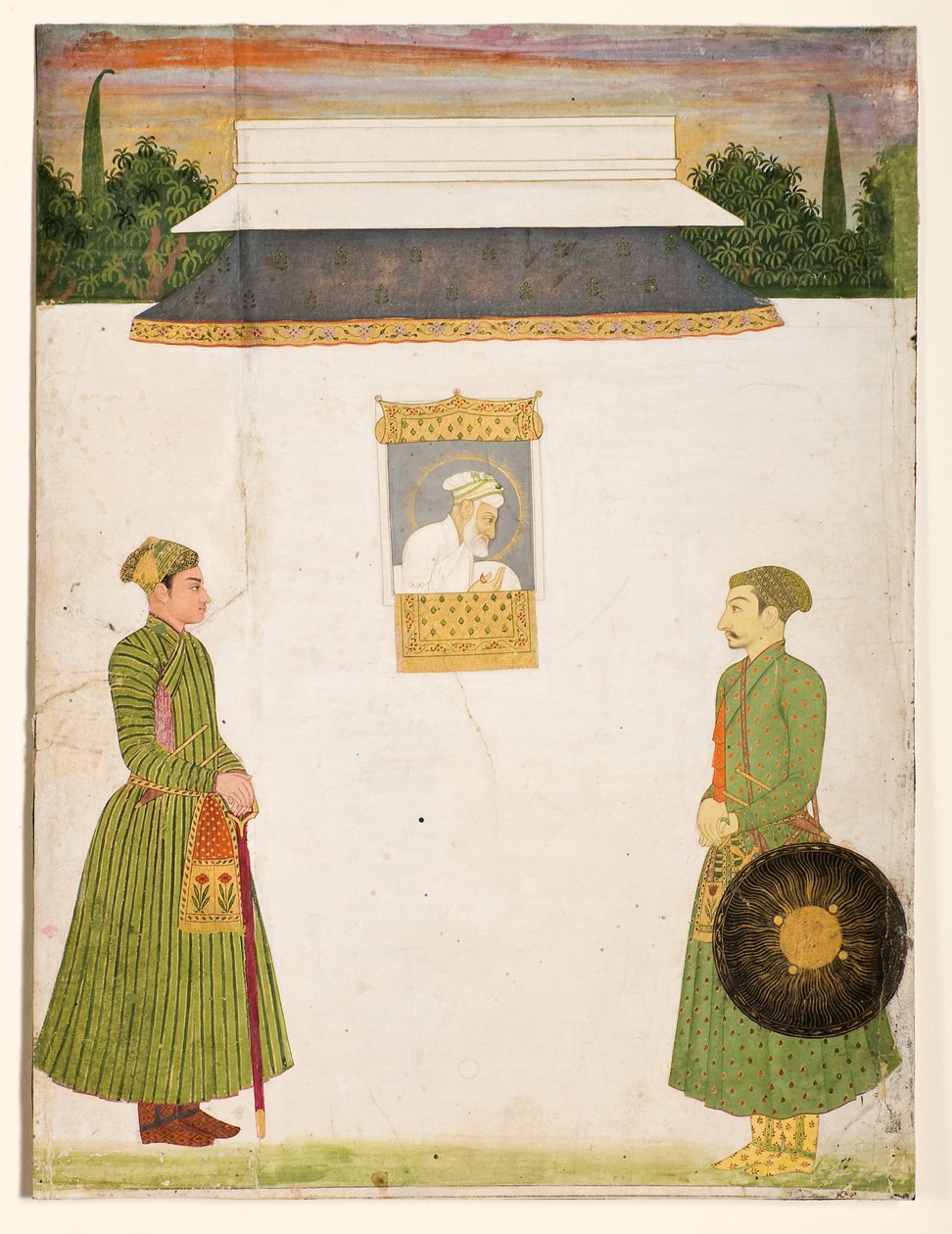 İmparator Aurangzeb bir jharokha penceresinde, ön planda iki asilzade, c.1710 (kağıt üzerinde opak wc altın) by Indian School