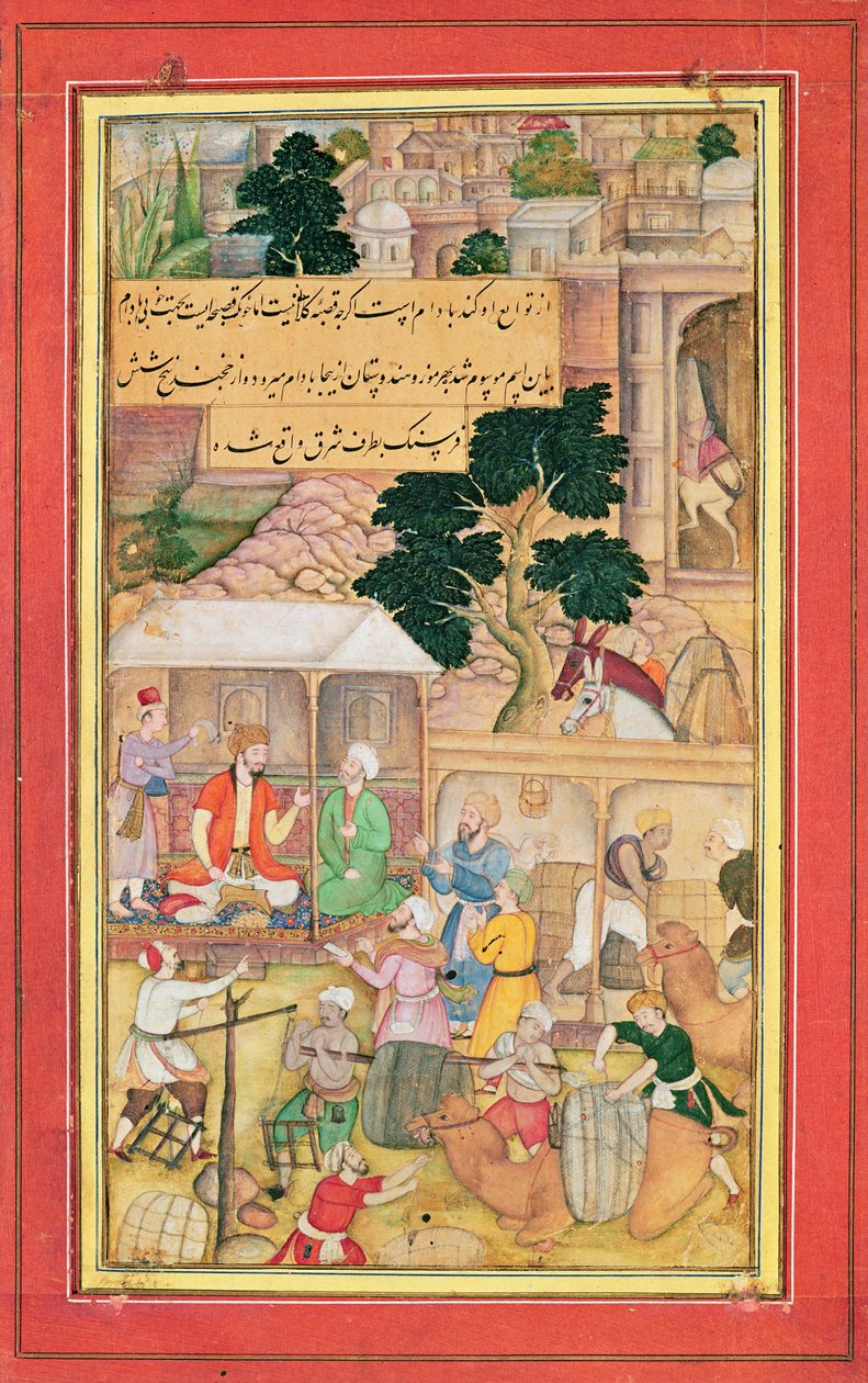 İmparator Babür (r.1526-30) yaşlı bir adamla sohbet ederken, 15-17.yy by Indian School