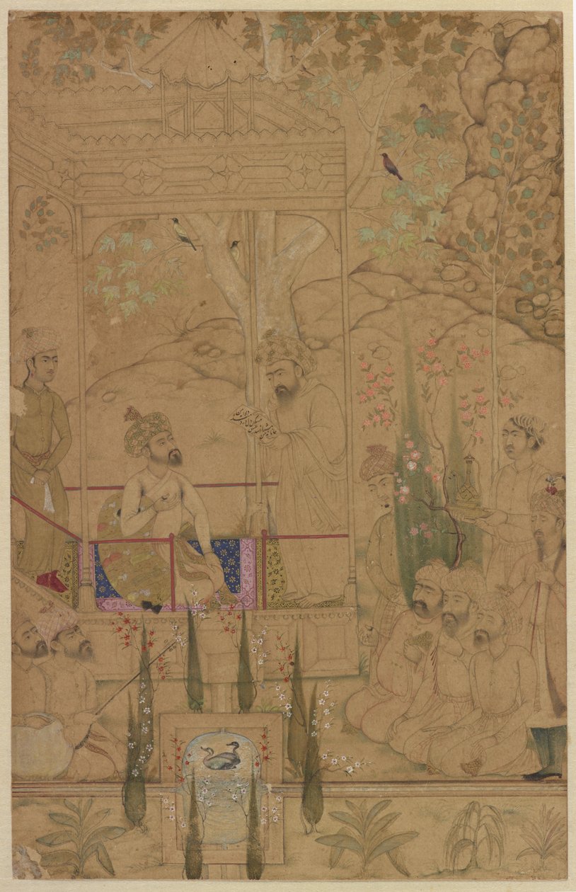 İmparator Babür Bahçede Refakatçilerle, 1590 dolayları by Indian School