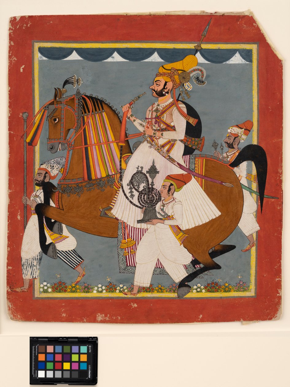 Binicilik Raja Bhim Singh, nargile ve hizmetçilerle, c.1820 (kağıt üzerinde opak w/c, altın ve gümüş) by Indian School
