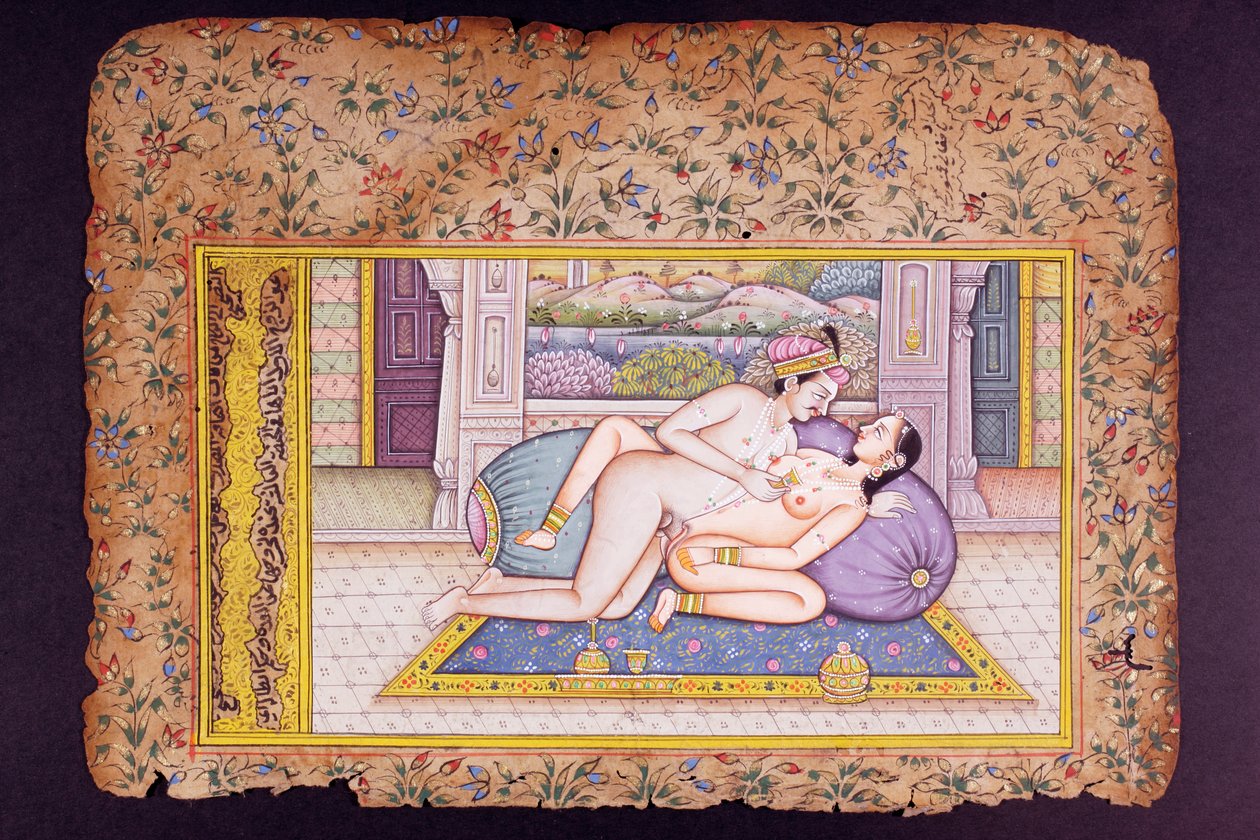Lüks bir yatak odasında erotik sahne, Rajasthani minyatür tablosu by Indian School