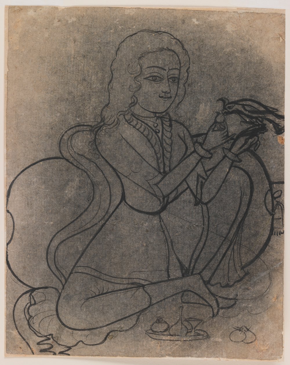 Papağan besleyen Avrupalı kız, 1780 dolayları (kağıt üzerine mürekkep, transfer için atıldı) by Indian School