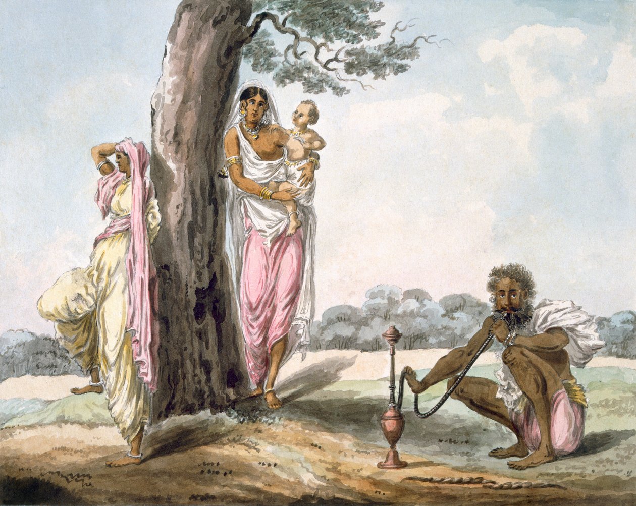 Aile: Nargile içen bir adam ve Yoga yapan bir kız, c1850. by Indian School