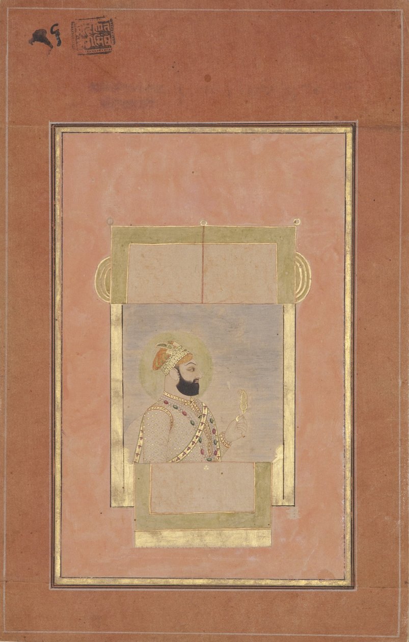Farrukh Siyyar bir pencerede oturuyor, elinde altın bir sarpech, c.1715 (kağıt üzerinde opak wc ve altın) by Indian School