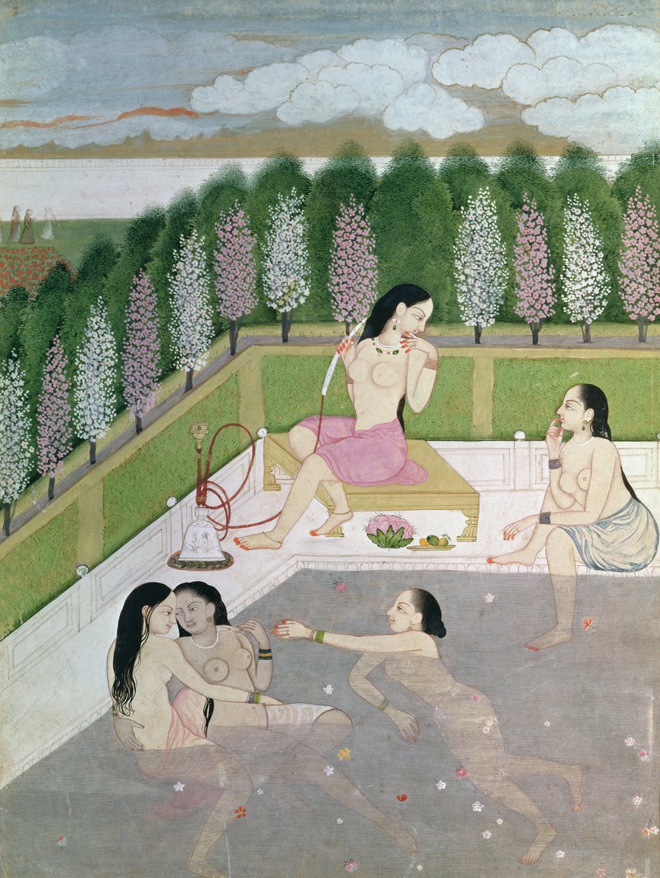 Girls Bathing, Pahari Style, Kangra School, Himachel Pradesh, 18th century  by Indian School