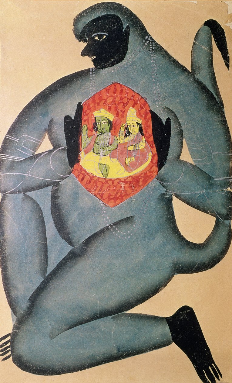 Hanuman revealing Rama and Sita enshrined in his heart, painted by a member of the Patua caste, 1880  by Indian School