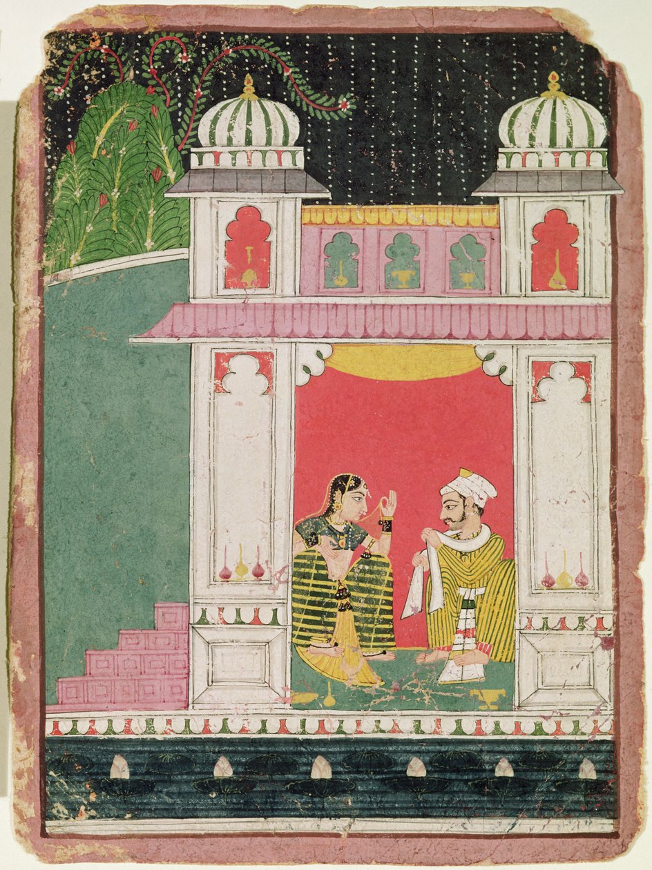 Kahraman ve sevgilisi bir köşkte, c.1640-50 (kağıt üzerine mürekkep ve wc) by Indian School
