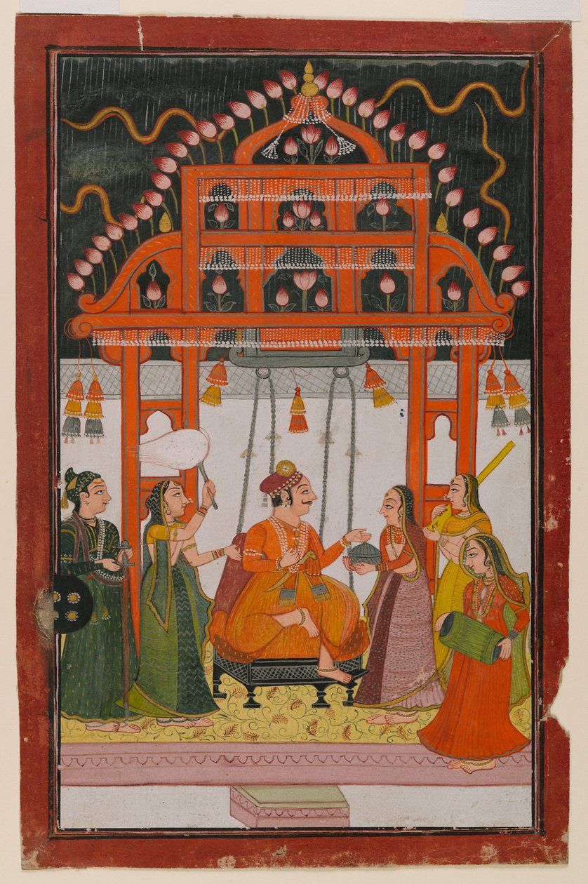 Hindola Raga, dağınık bir Ragamala serisinden sayfa, c.1830 (kağıt üzerinde wc ve metalik boyalar) by Indian School