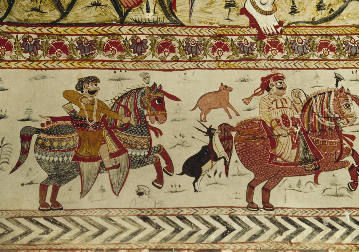 Av sahnesi, Laxminarayan tapınağı, Orchha, Madhya Pradesh, Hindistan (fresk) by Indian School