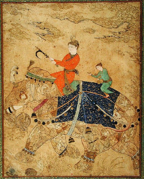 İçinde. 11.37r Bir prens bir file biniyor, c.1600 (parşömen) by Indian School