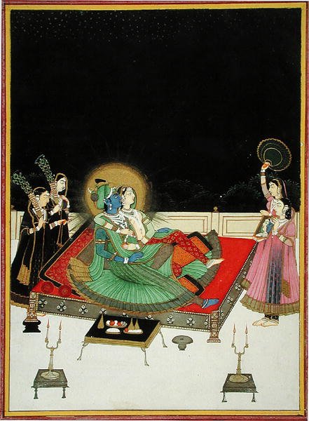 İçinde. 67.23 Radha ve Krishna aynada kendilerine hayran kalıyorlar, c.1800 (parşömen) by Indian School
