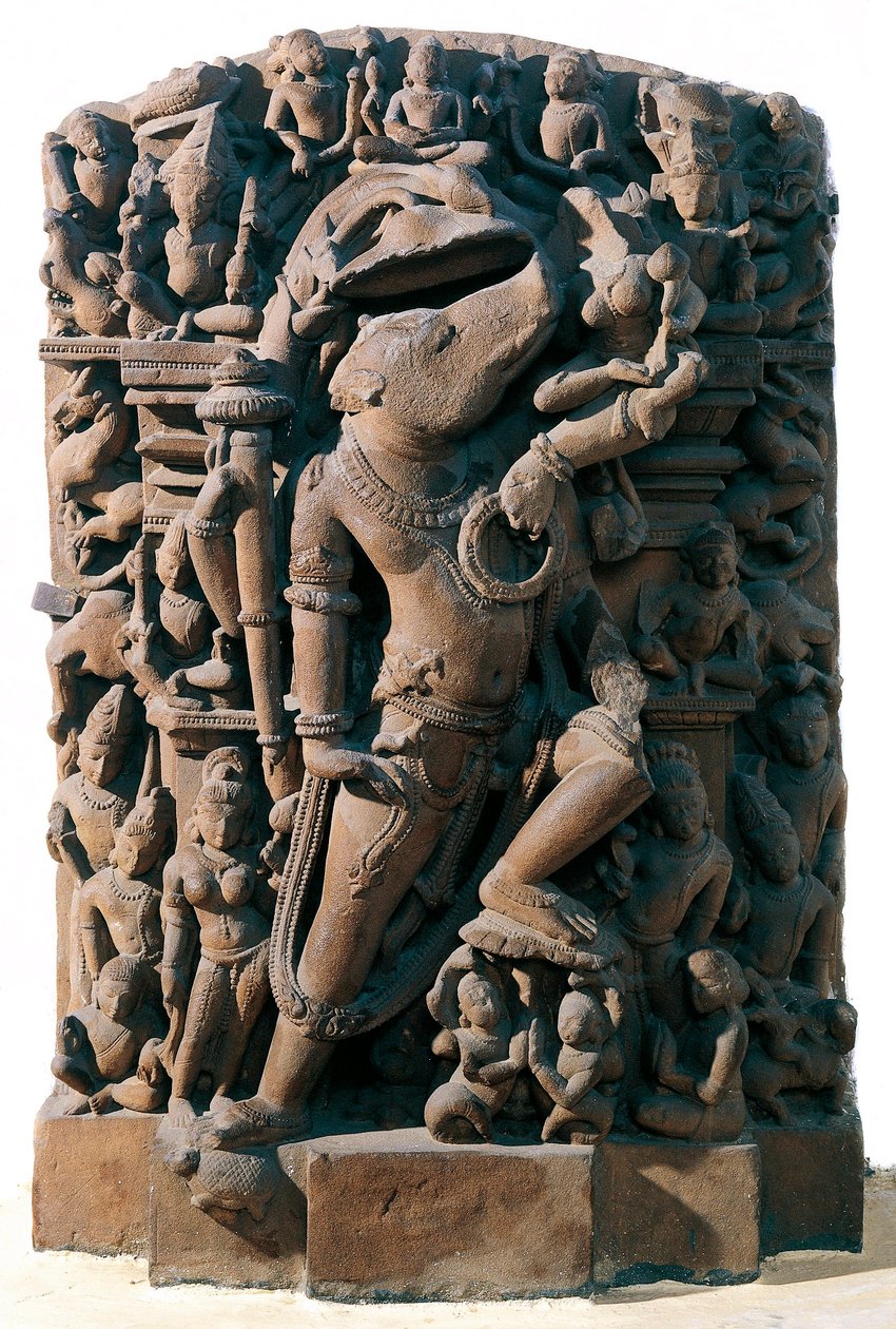 Hint Sanatı: Bir yaban domuzu şeklinde Hindu ilahi Vishnu. Hindistan, Khajuraho