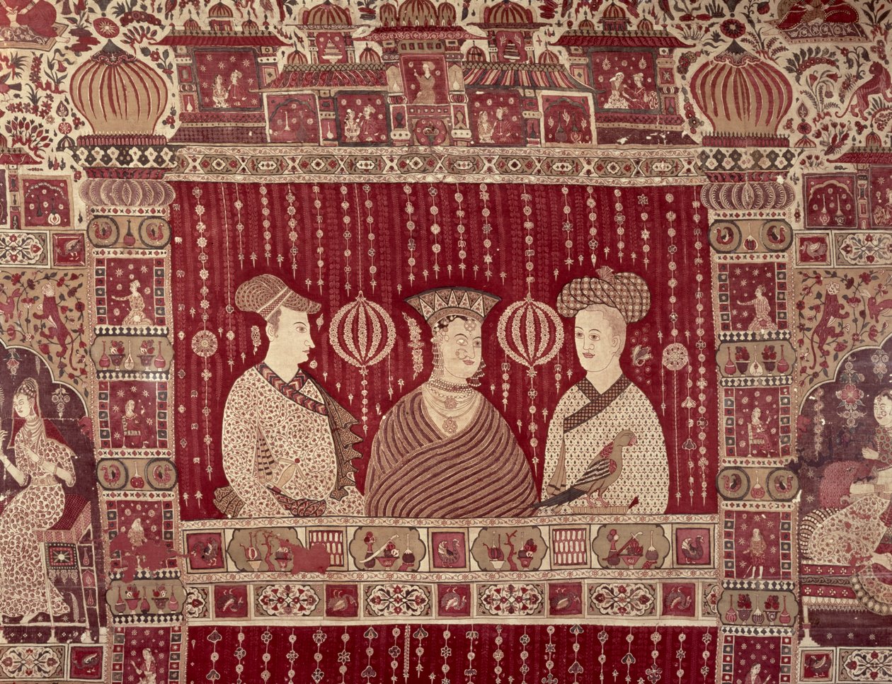 Avrupalı tüccarlarla Hintli kadın, Madras bölgesi, Ahmedabad (boyalı pamuk) by Indian School