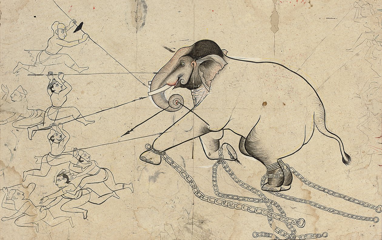 Bir filin evcilleştirilmesinin Isarda veya kotah hazırlık çizimi, c.1720 by Indian School