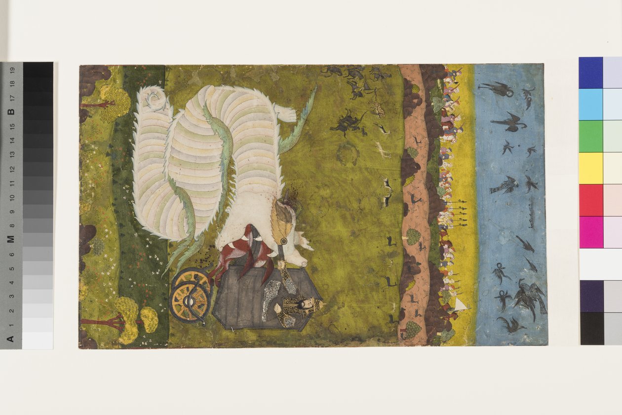 İsfandiyar ejderhaya saldırır, c.1760 (kağıt üzerinde opak wc ve altın) by Indian School