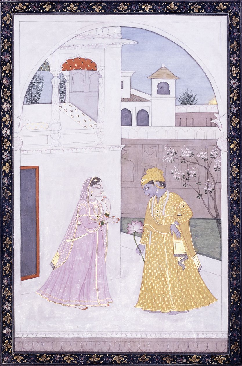Krishna Bir Lotus Çiçeği Tutarak Ayakta Duruyor, Sevgilisi Pembe Sari İçinde, c. 1800 by Indian School