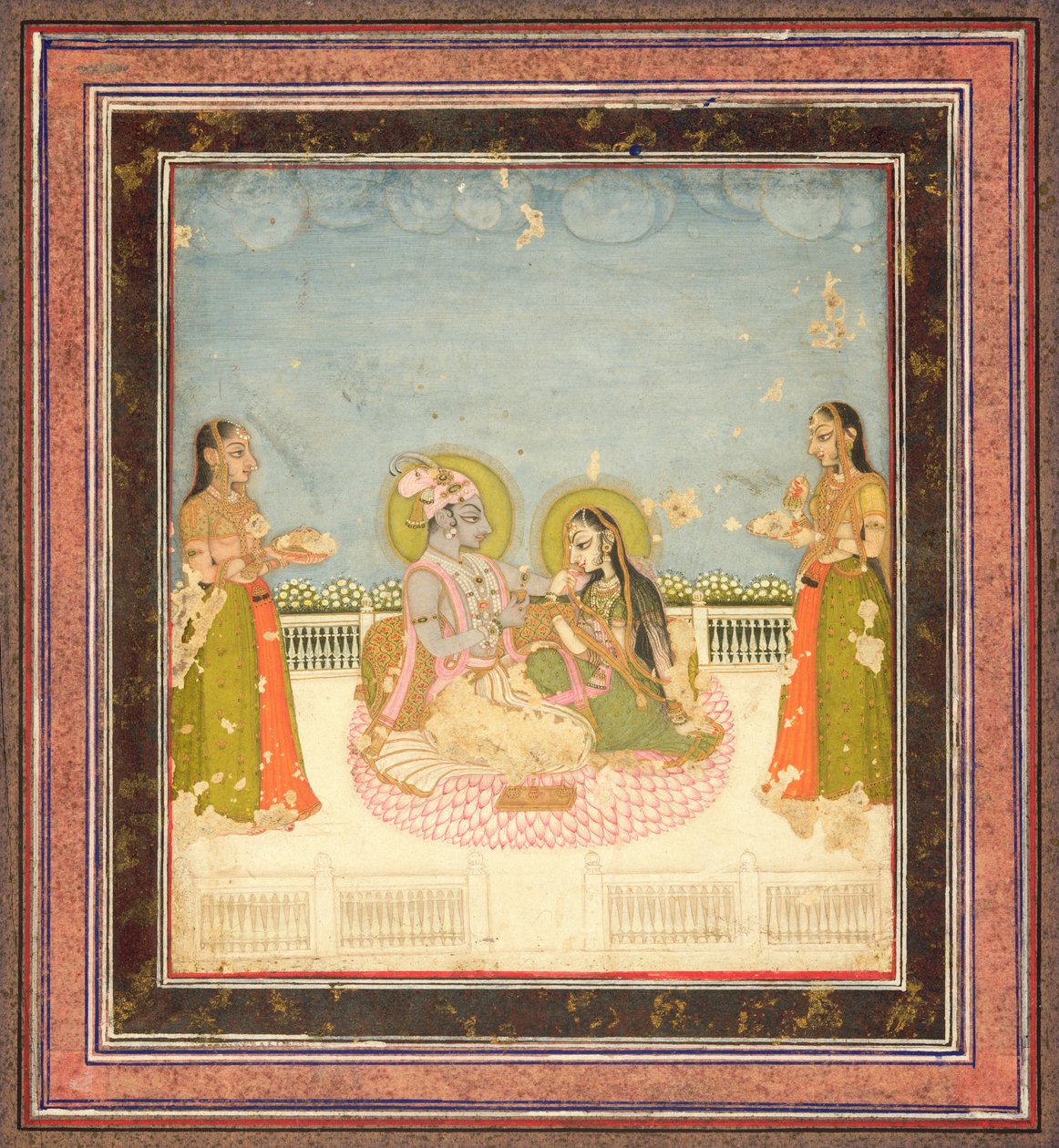 Krishna ve Radha Bir Terasta Oturanlar, c.1760-75 (wc, kağıt üzerinde altın ve gümüş) by Indian School