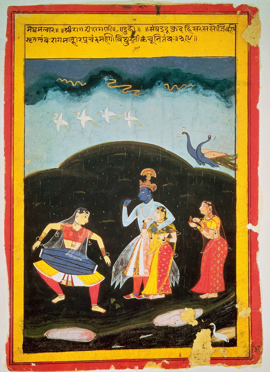 Krishna ve Radha iki müzisyen Rajasthan ile yağmurda by Indian School
