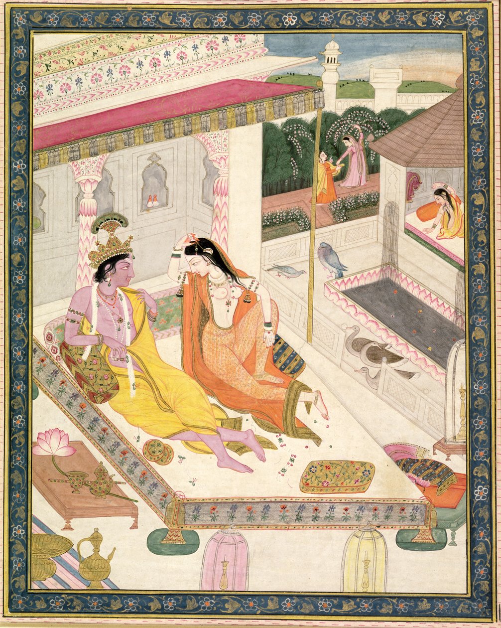 Krishna ve Radha bir Moğol sarayında bir yatakta, Pencap, c.1860 by Indian School