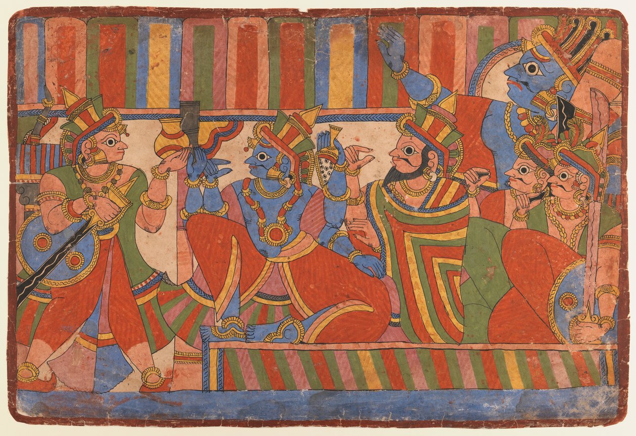 Krishna, Pandava liderlerine danışmanlık yapıyor, c.1830-50 (kağıt üzerinde opak wc) by Indian School