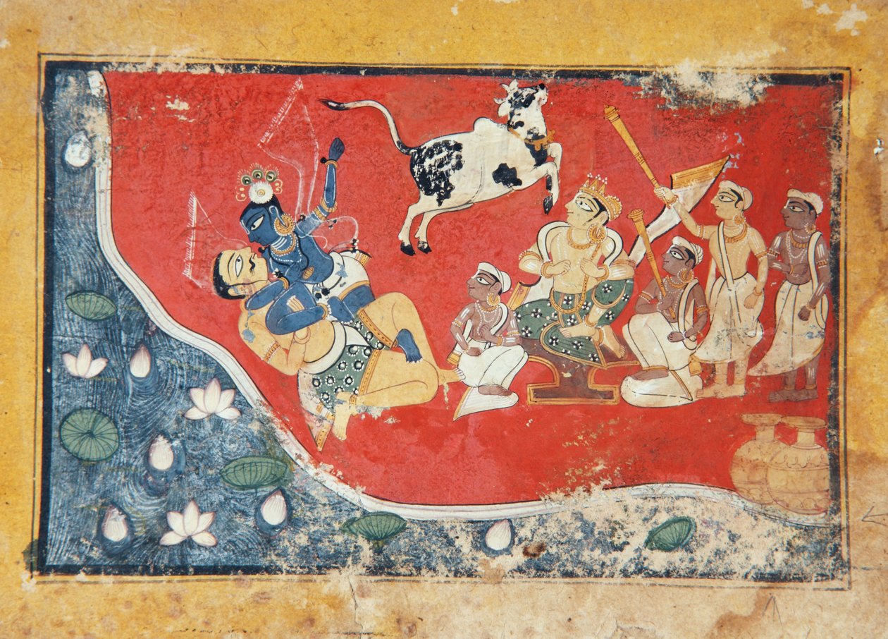 Krishna bir nehrin yanında bir iblisi yener, c.1560 (kağıt üzerinde opak wc) by Indian School