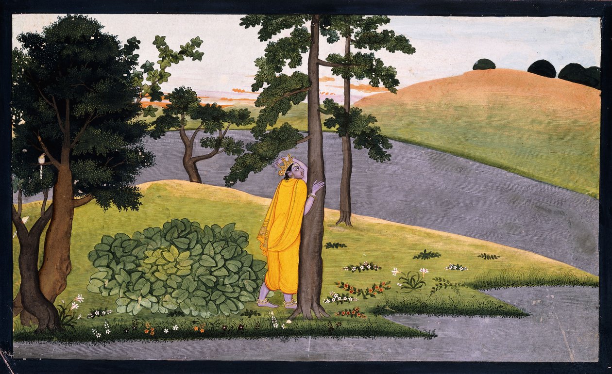 Krishna bir ağaca yaslanmış, Radha